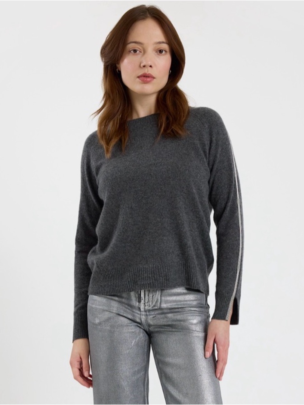 BRODIE CASHMERE glitz split cuff crew sweater in derby grey